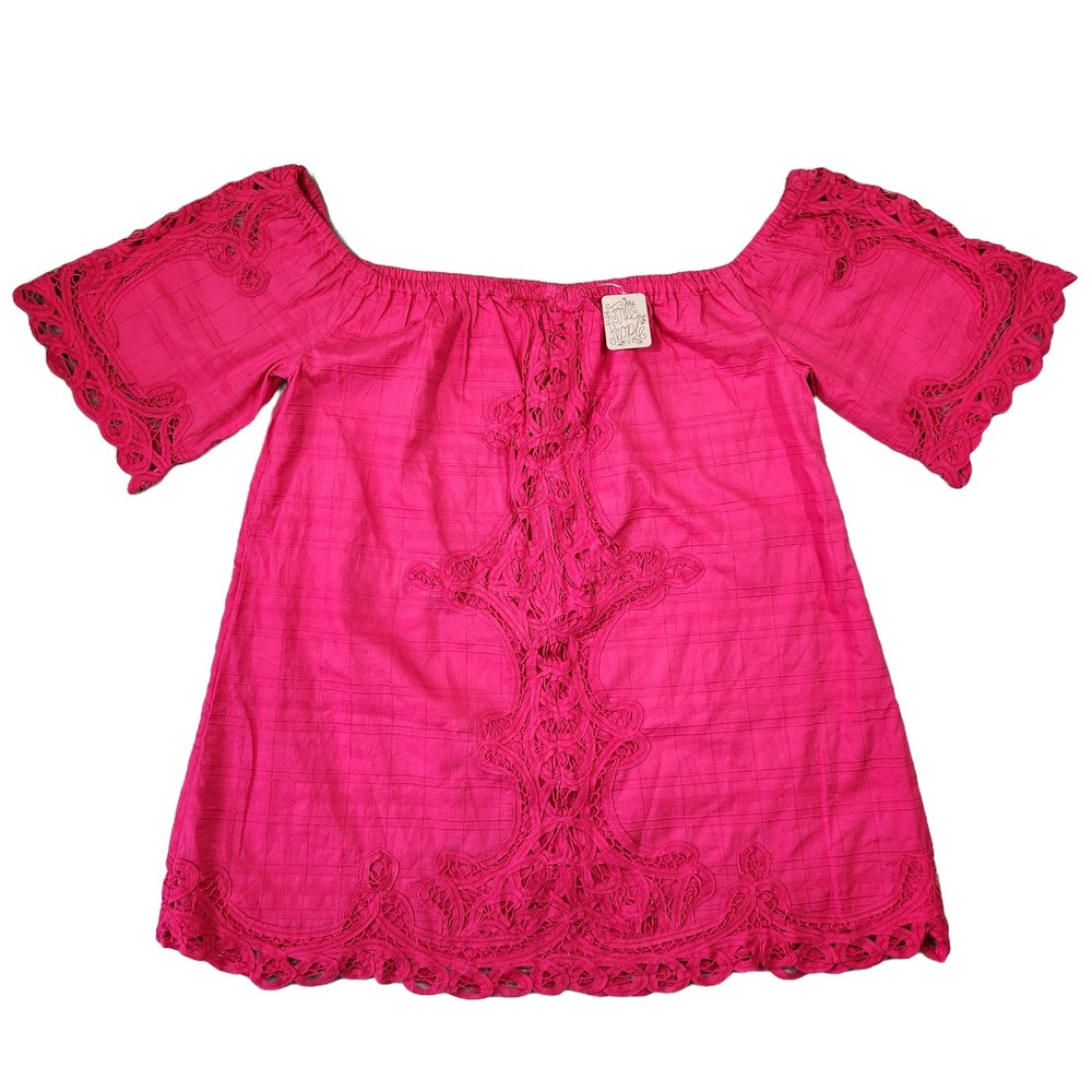 Free People: Hot Pink Crochet Trim Off-Shoulder Mini Dress: Large